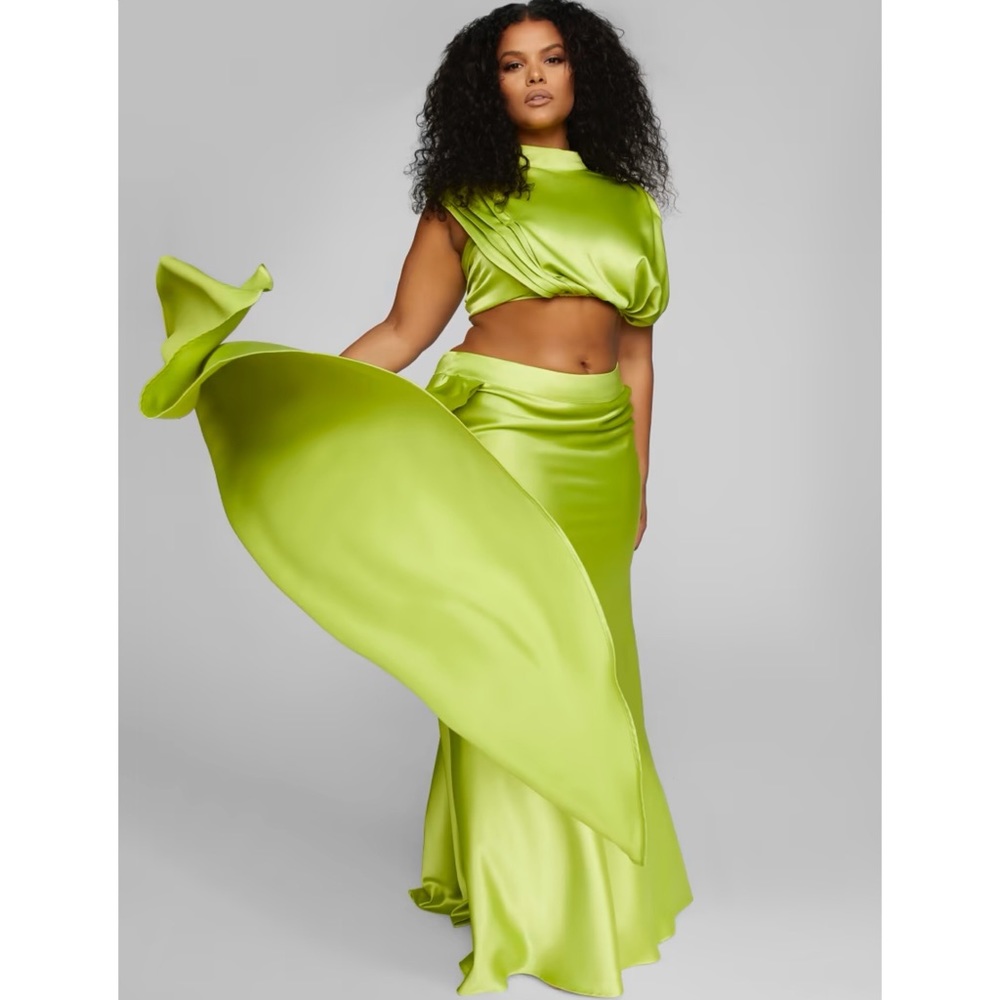 Fashion To Figure X Leslie Sidora Green Anaisa Drape Detail Satin Maxi Skirt